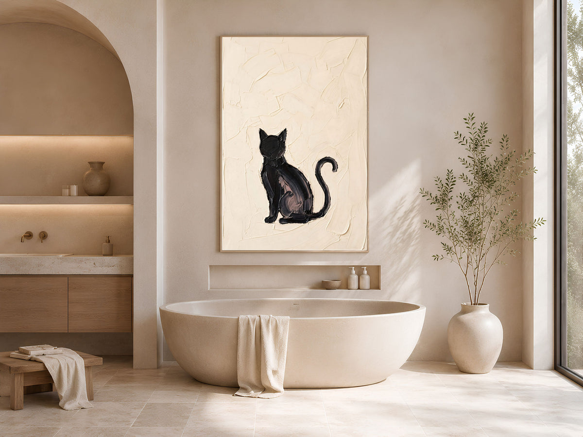 Minimalist Black Cat Wall Art, Impasto Oil Painting Print - Digital Download