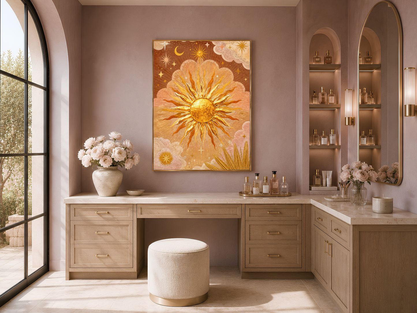 The Sun tarot wall art displayed above a vanity desk with arched shelving, gold celestial mystical print