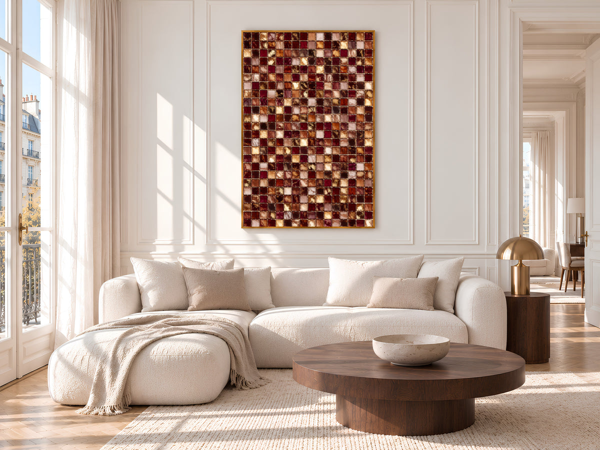 Burgundy and Gold Mosaic Tile Wall Art Print, Wine Red, Blush and Amber Tile Grid Painting, Printable Moody Warm Decor, Digital Download
