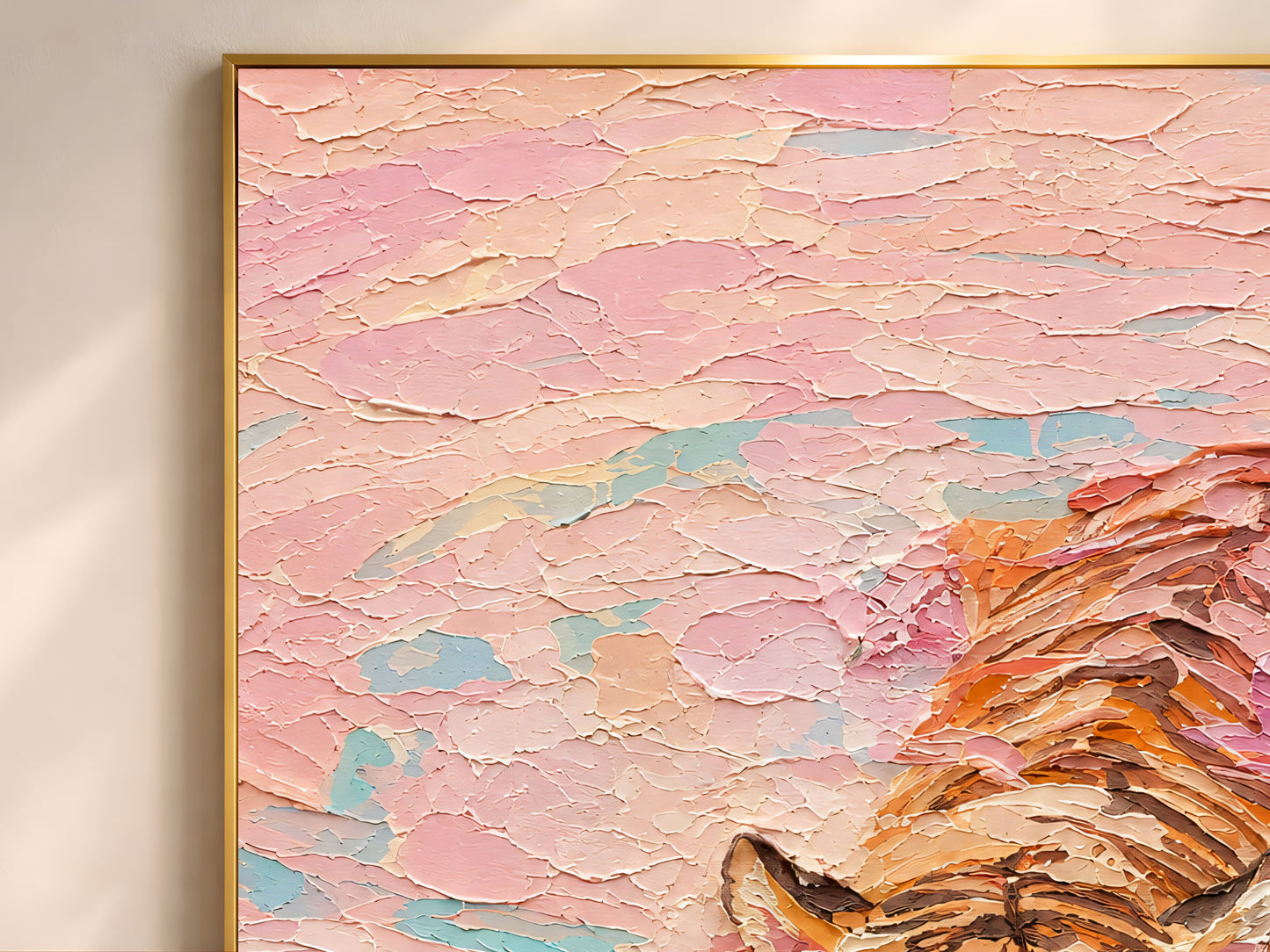 Close-up of pastel tiger impasto painting showing thick textured brushstrokes in pink, peach, coral, and teal tones
