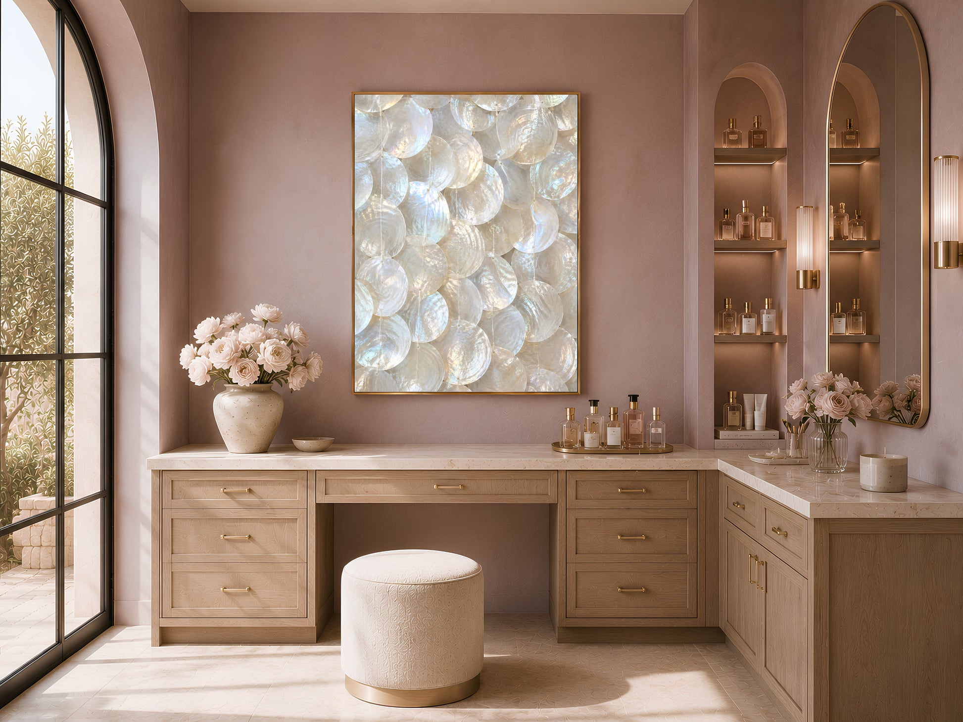 Capiz shell wall art print in a gold frame above a wood vanity nook with a pouf and mauve accent wall.
