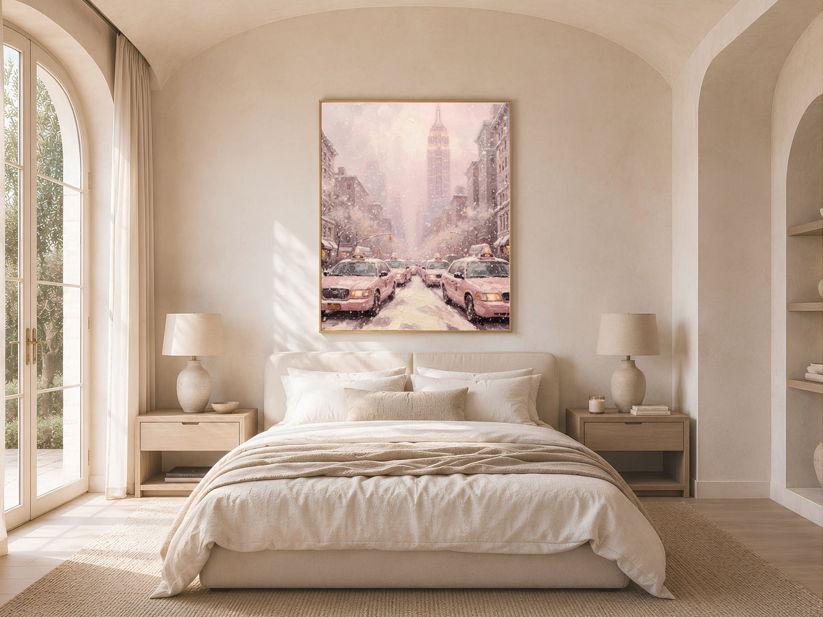 Pink Empire State Building Print, Monochrome NYC Taxi Wall Art - Digital Download