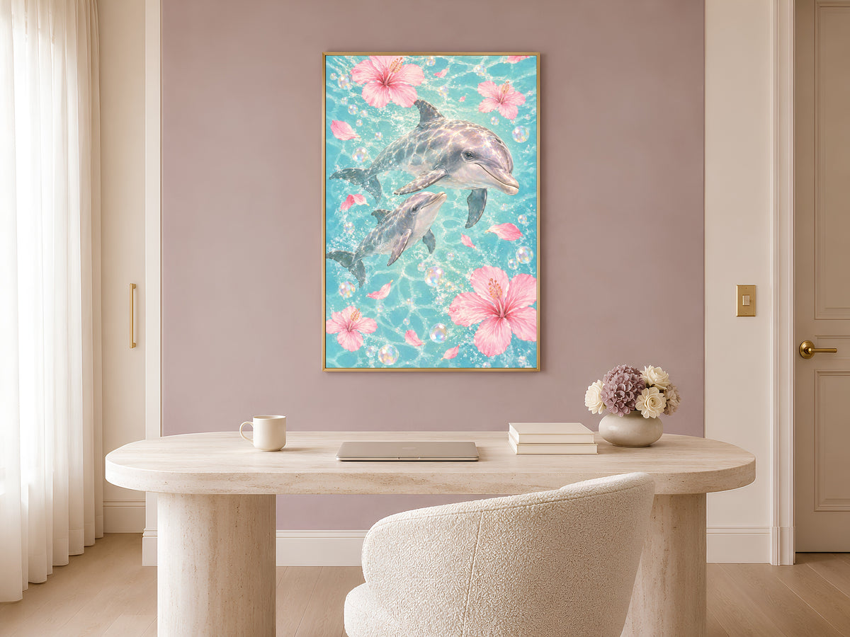 Dolphin Watercolor Wall Art, Mother Baby Dolphin Print - Digital Download