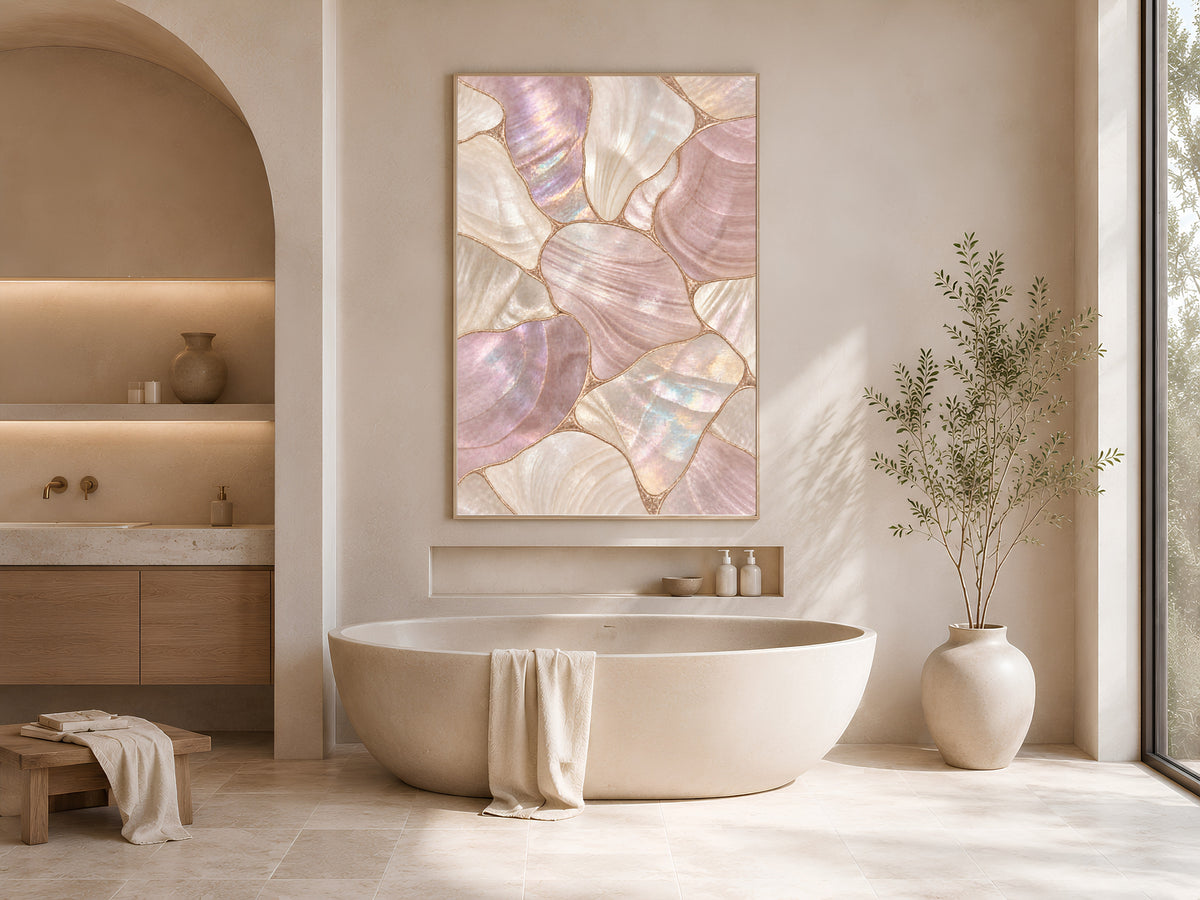 Dusty Rose Mother of Pearl Wall Art, Mauve Shell Mosaic Print, Copper Gold Lines, Romantic Bedroom Decor, Glam Poster, Instant Download