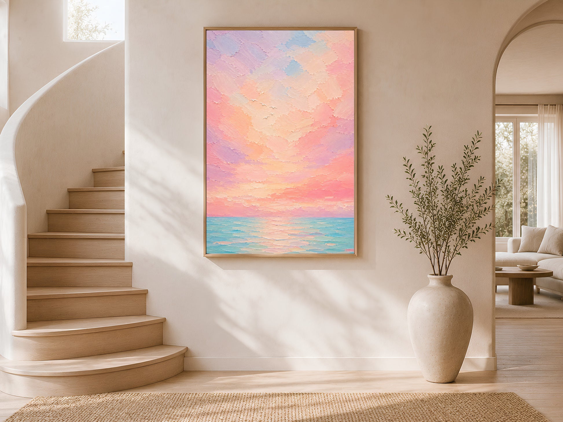 Pastel sunset ocean wall art print framed on a curved staircase wall with arched doorway and a stoneware vase.
