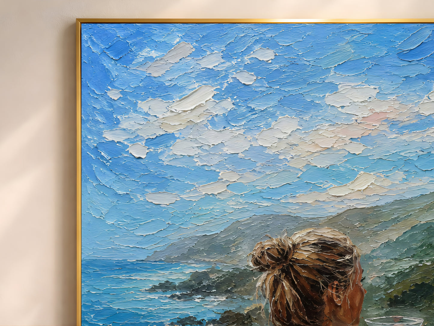 Close-up detail of impasto oil painting texture showing a woman from behind holding a glass, gazing over a deep blue coastal mountain view from an infinity pool
