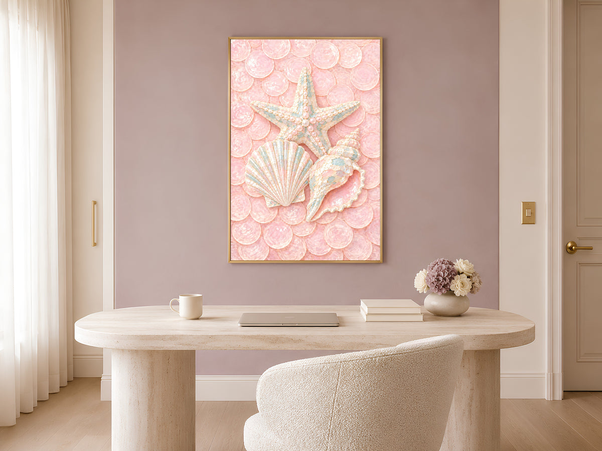 Pink Coastal Seashell Print, Starfish Scallop Conch Wall Art - Digital Download