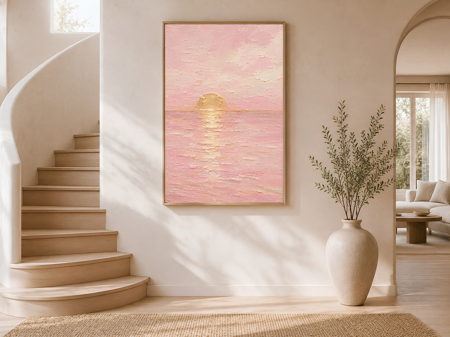 Golden hour ocean print framed and displayed on a curved staircase wall with natural light.
