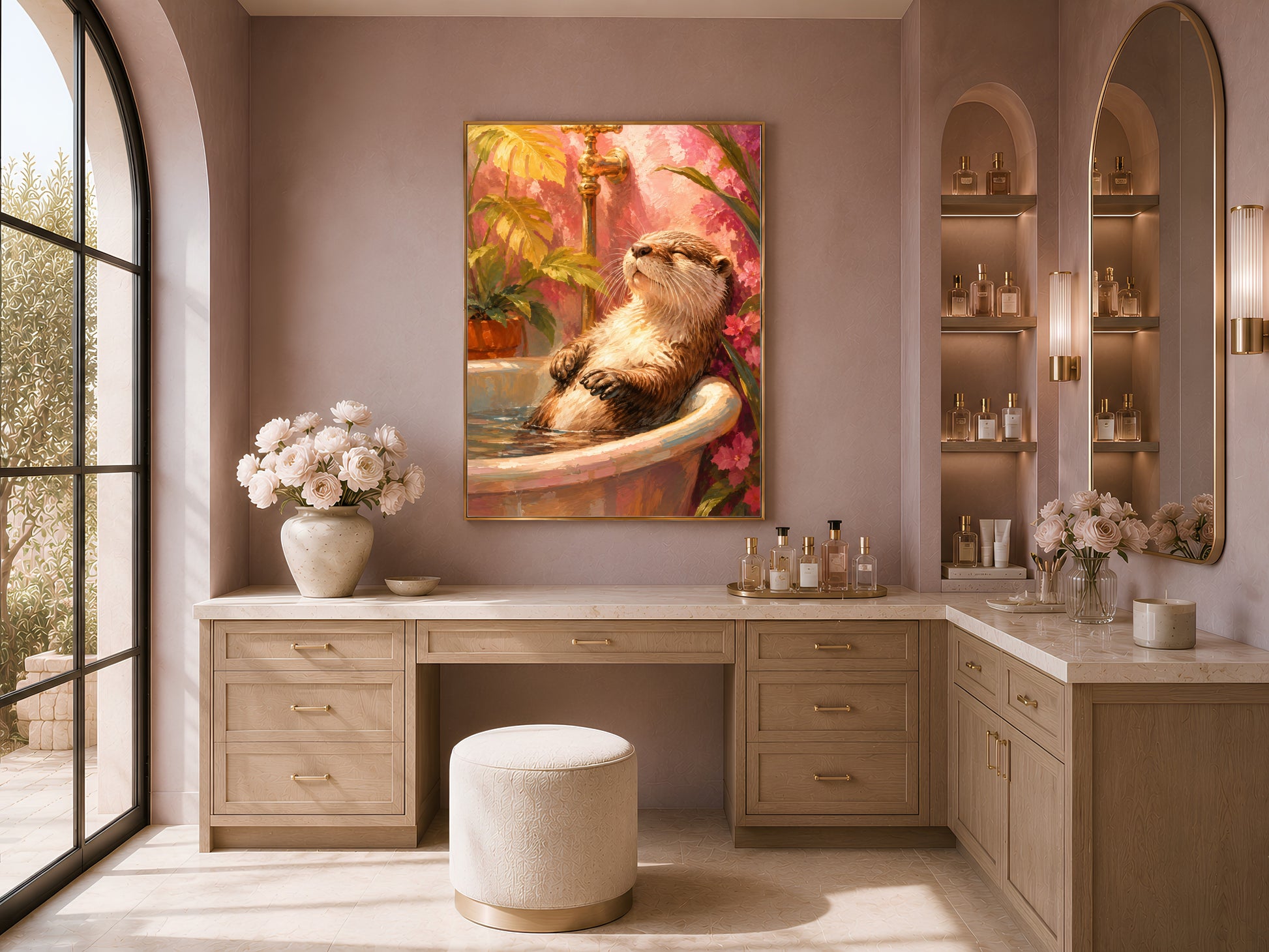 Framed otter in bathtub print above a wood vanity with flowers and skincare bottles, warm pink tropical spa bathroom decor
