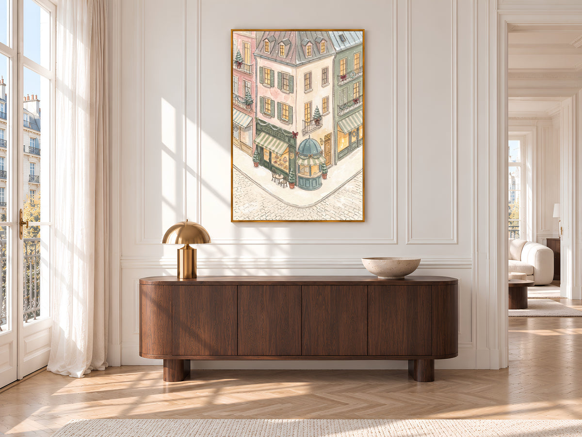 Sage Green Christmas Print, Pastel Patisserie Watercolor, Snowy Parisian Cafe Corner, Holiday Digital Download