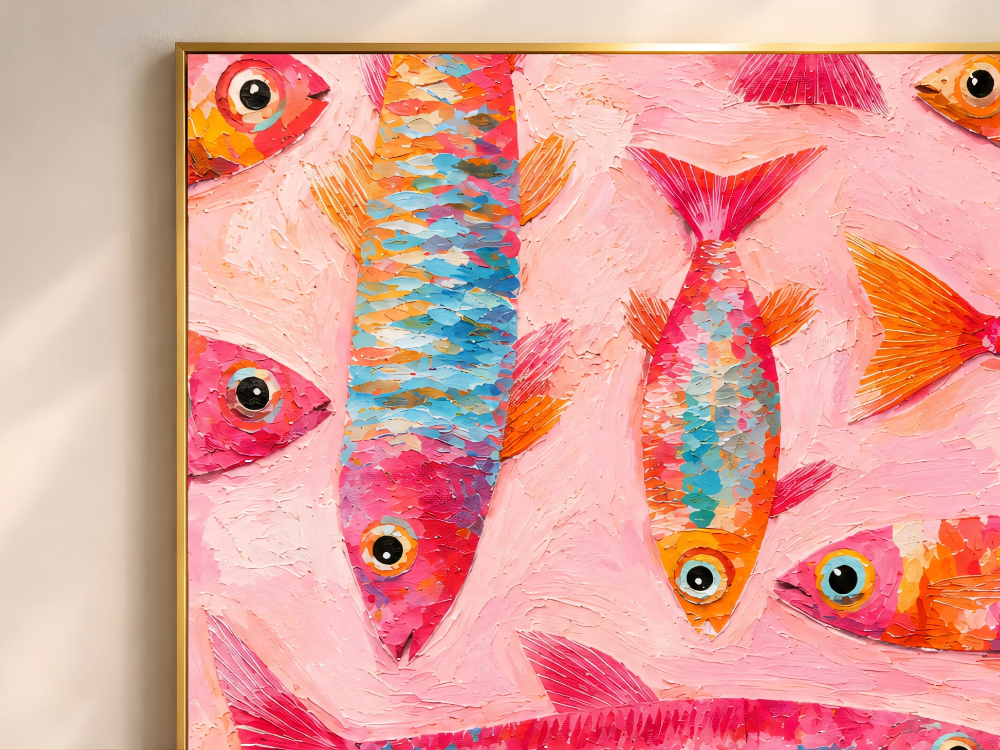 Bright colorful fish wall art close-up featuring textured tropical fish in pink, orange, and blue tones with playful maximalist coastal style.