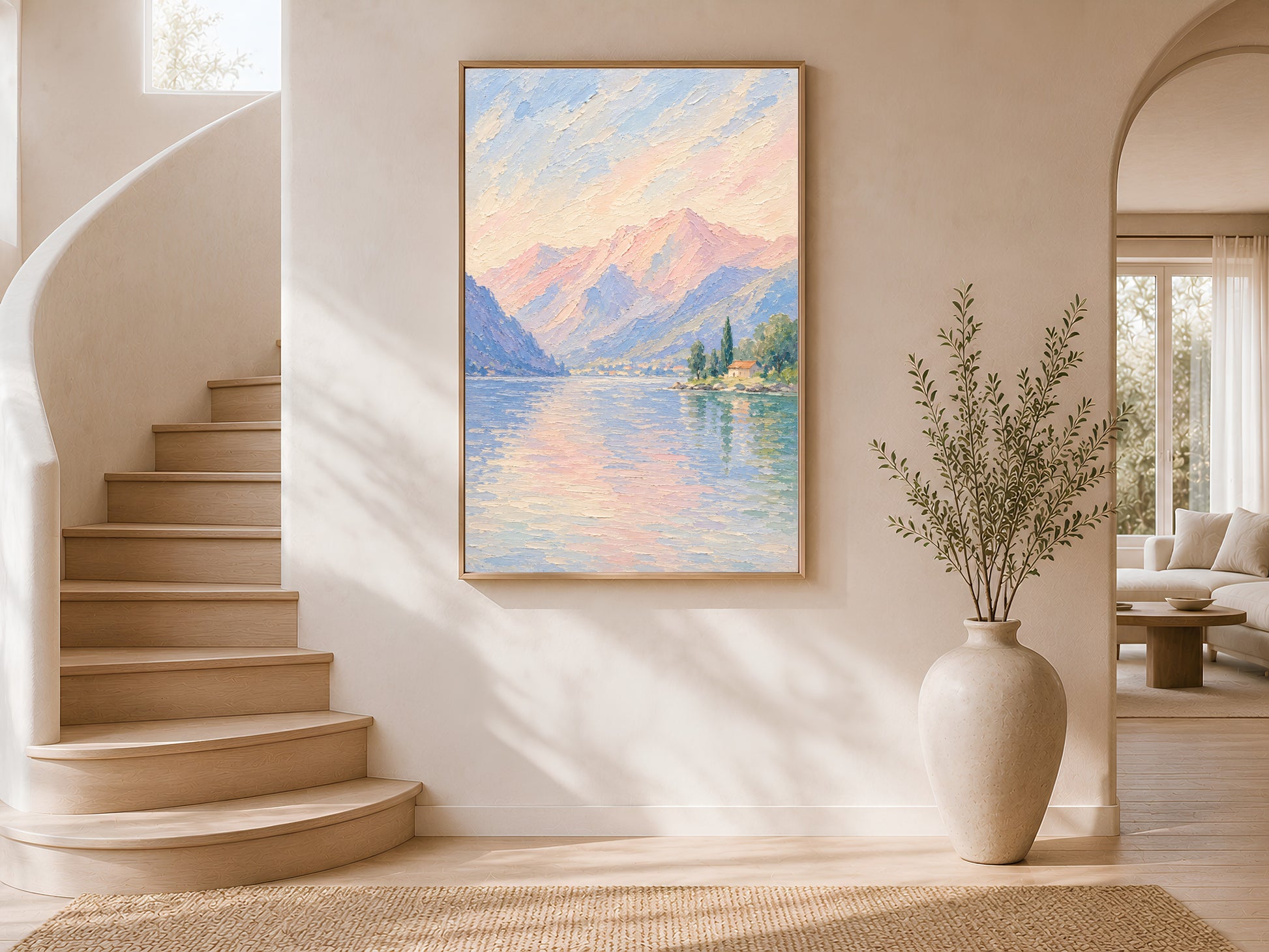 Lake Como wall art print framed and displayed on a curved staircase wall with natural light.
