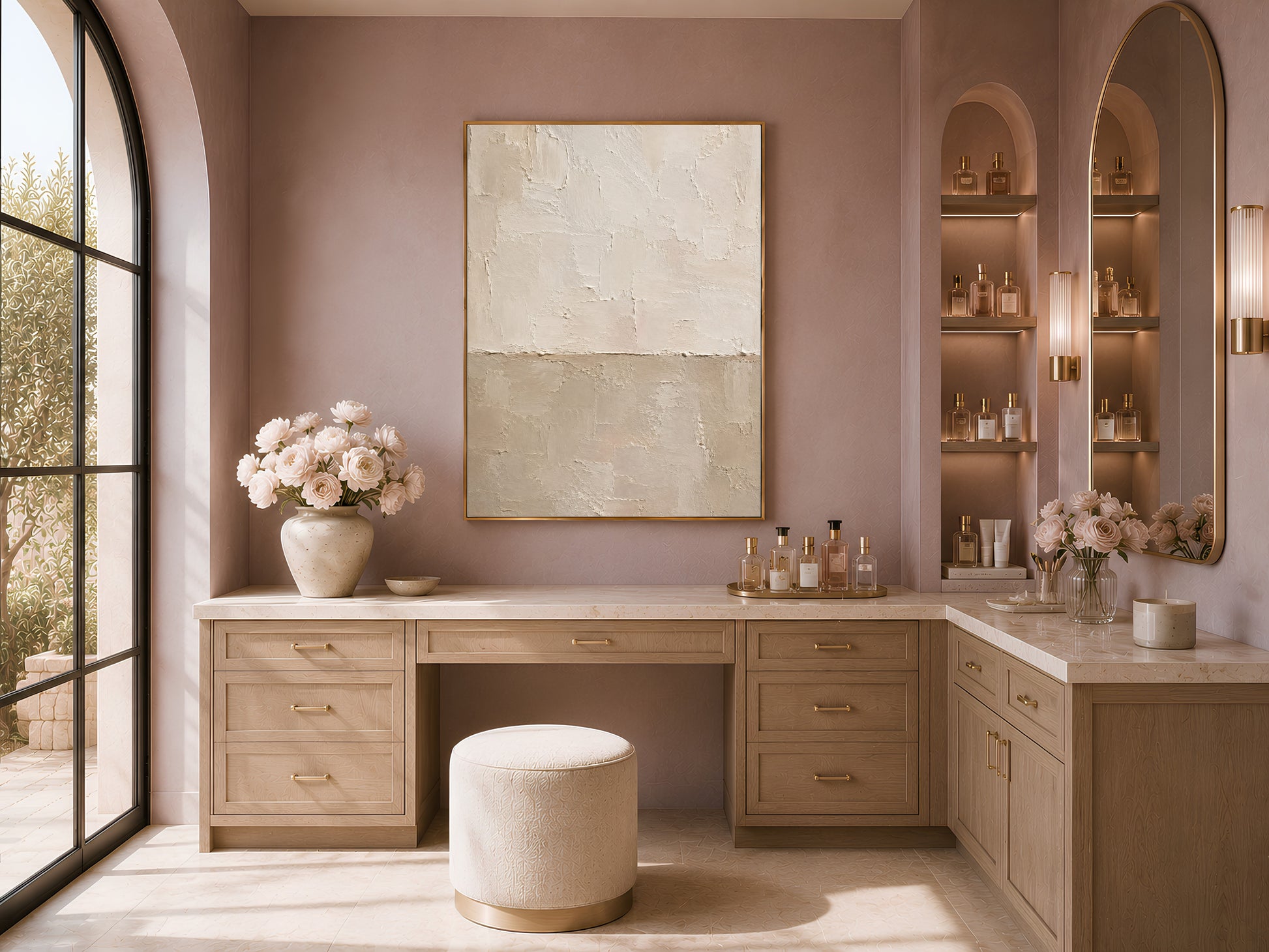 Cream and taupe plaster texture wall art framed above a bathroom counter with candles and a vase
