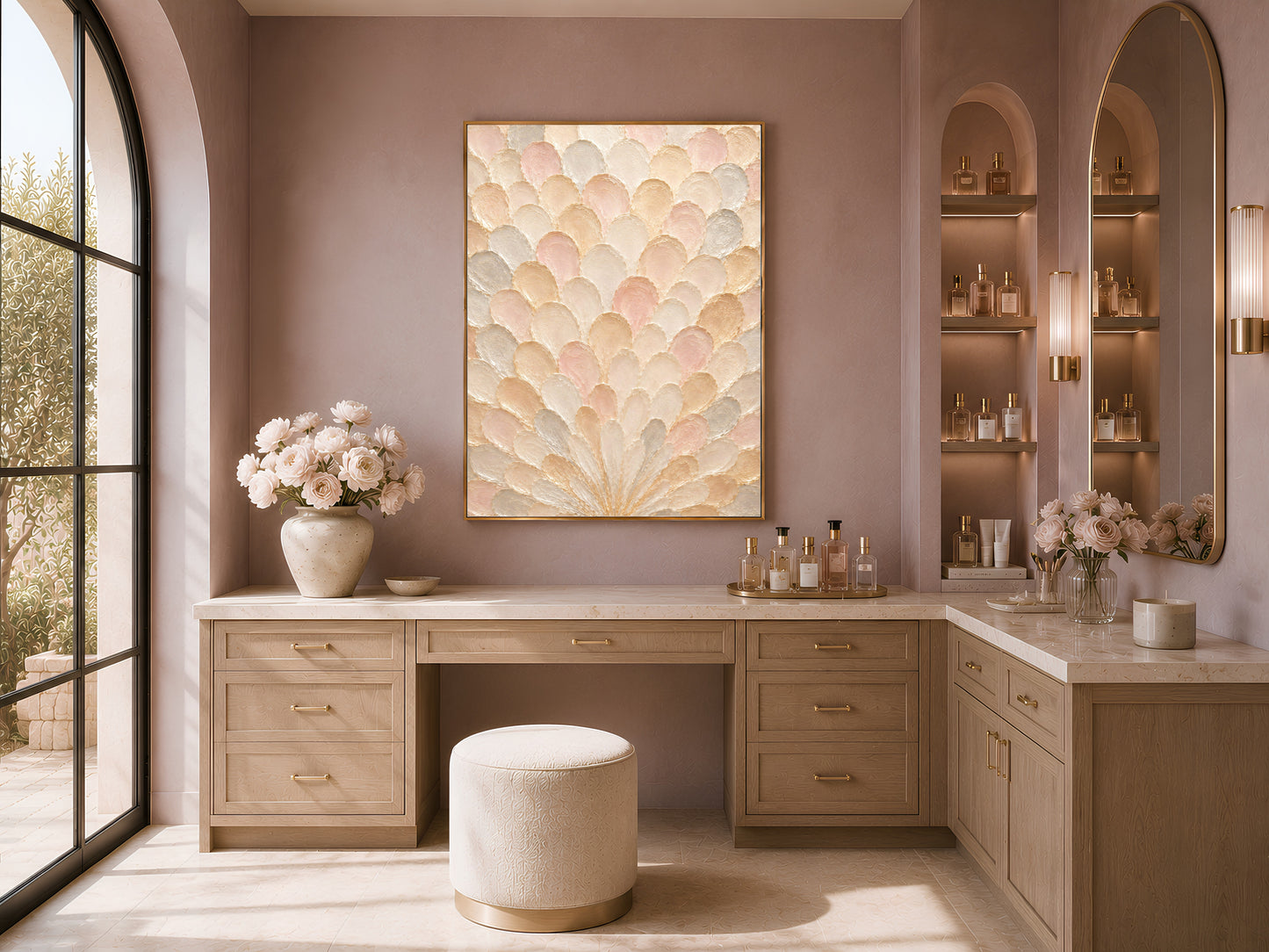  Framed sunburst capiz shell wall art above a bathroom vanity styled with fresh flowers and glass bottles