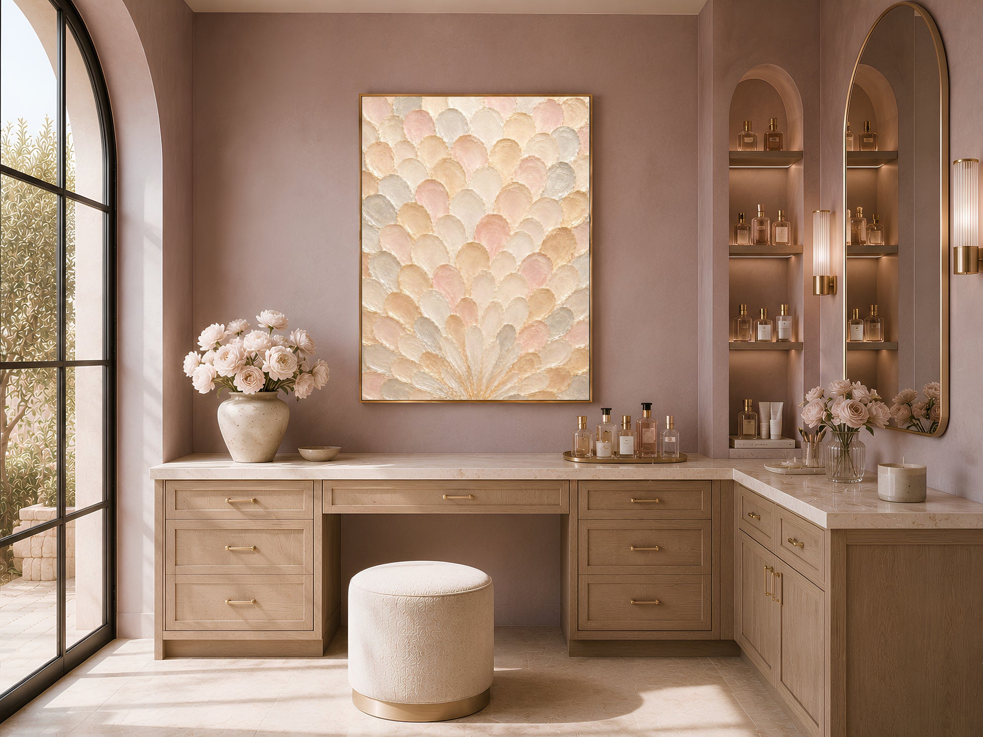  Framed sunburst capiz shell wall art above a bathroom vanity styled with fresh flowers and glass bottles