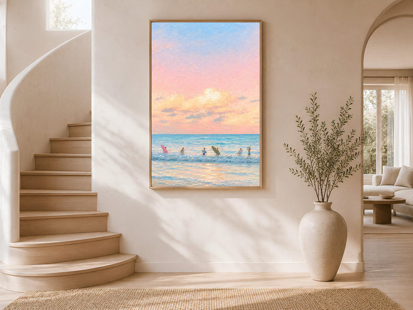 Framed impasto pastel sunset surf print on warm white wall in modern curved staircase entryway with tall ceramic vase
