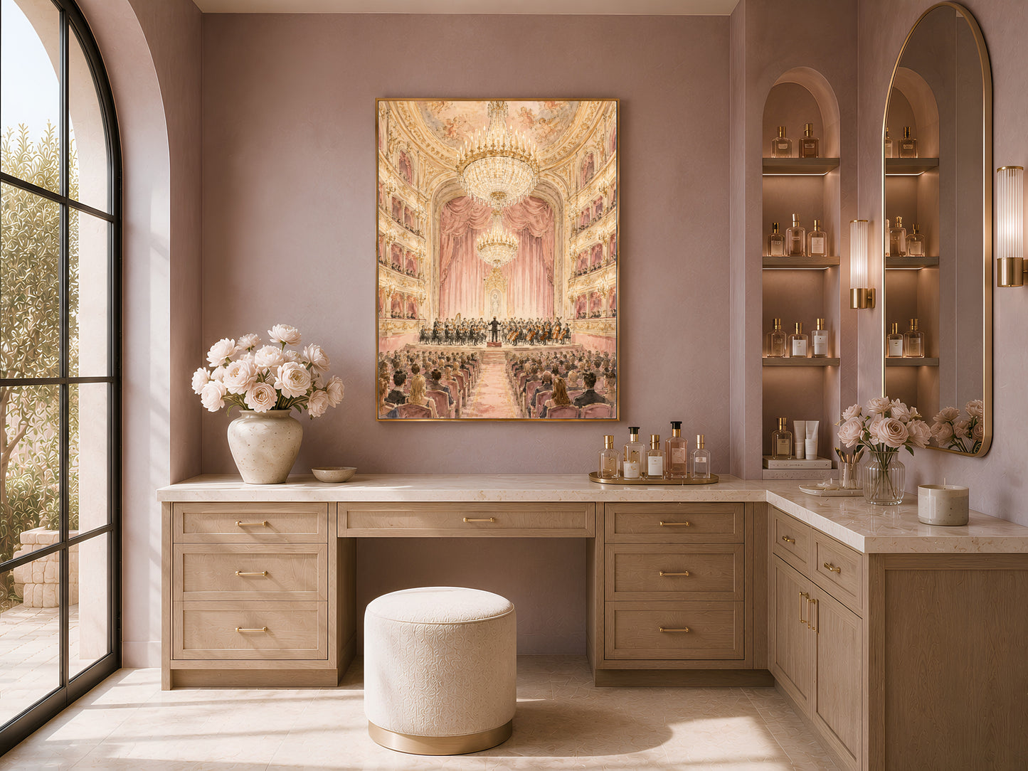 Framed opera house watercolor print above vanity counter with shelving decor
