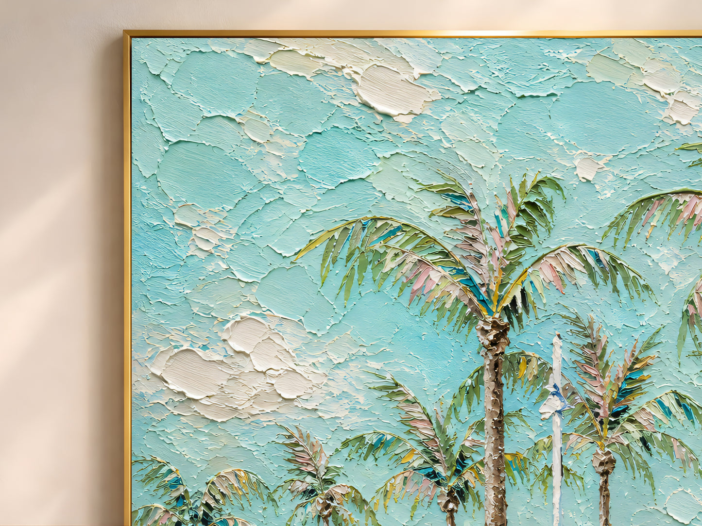 Close-up detail of impasto oil painting texture showing tall palm trees on a sandy island surrounded by a shimmering turquoise resort pool with blue beach umbrellas

