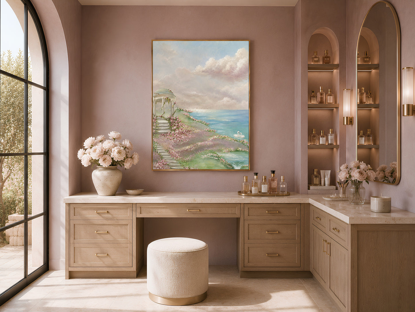 Rose garden gazebo wall art framed above a desk in a cozy reading nook with arched shelving