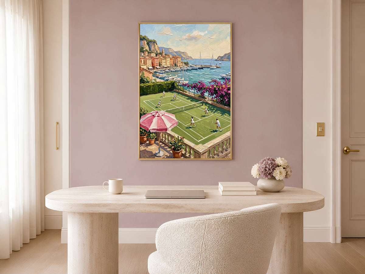French Riviera Tennis Court Print, Old Money Aesthetic Wall Art - Digital Download