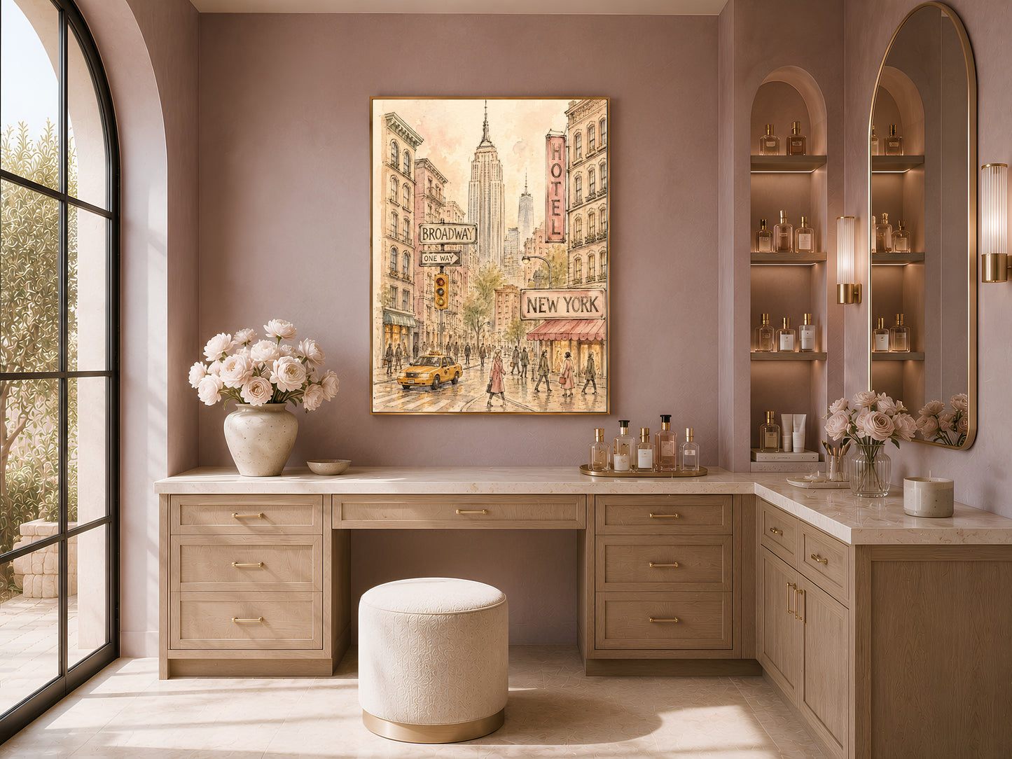 New York watercolor sketch print framed above bathroom vanity counter, NYC street scene wall art decor
