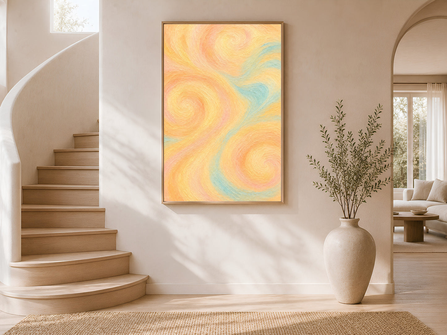 Pastel swirl abstract wall art print framed on a curved staircase wall with arched doorway and a stoneware vase.
