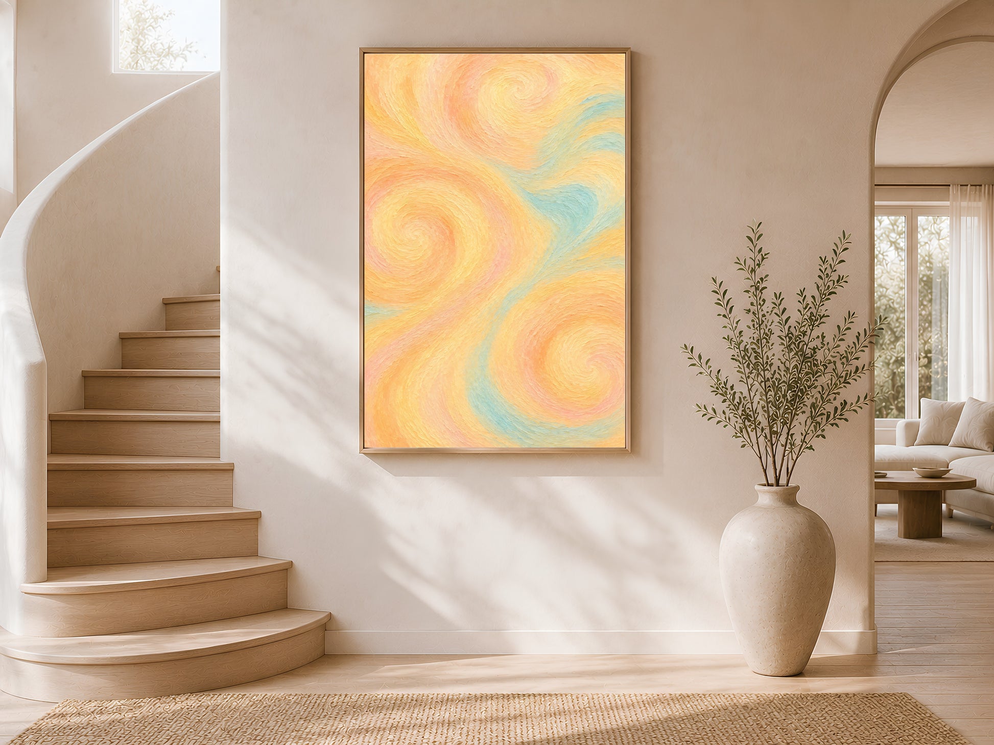 Pastel swirl abstract wall art print framed on a curved staircase wall with arched doorway and a stoneware vase.
