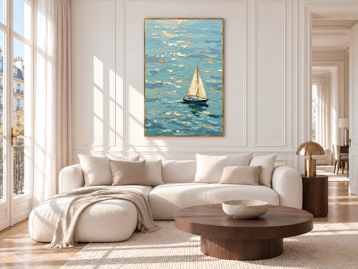 Sailboat Painting Print, Turquoise Ocean Wall Art with Single Sailboat, Textured Impasto Style Seascape, Coastal Printable, Digital Download
