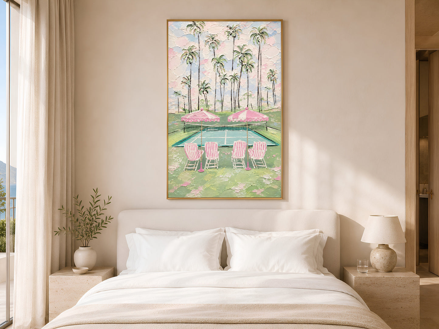 Pink tennis court print in gold frame above white bed in warm neutral bedroom with soft lighting

