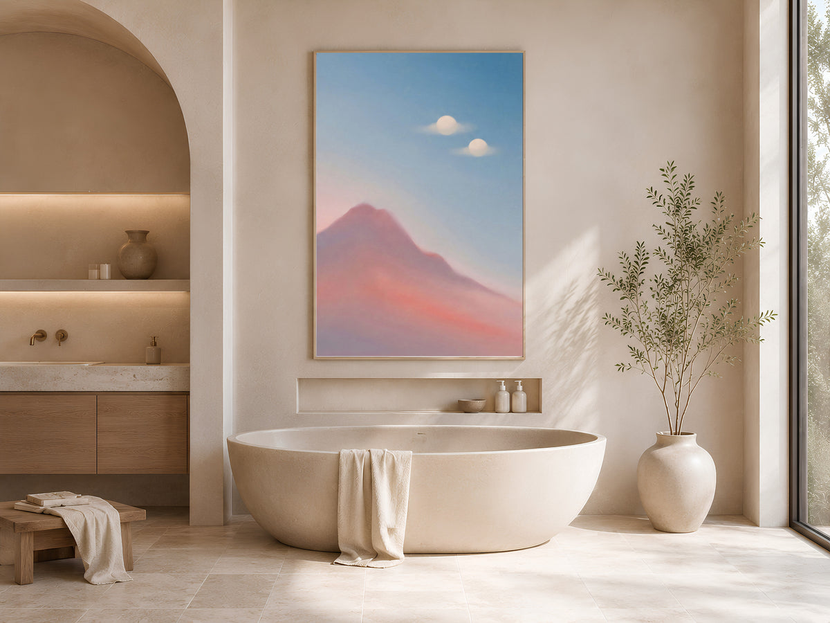 Surreal Mountain Oil Painting, Two Moons Wall Art, Pastel Pink Blue Dreamy Landscape Print, Minimalist Celestial Decor, Instant Download