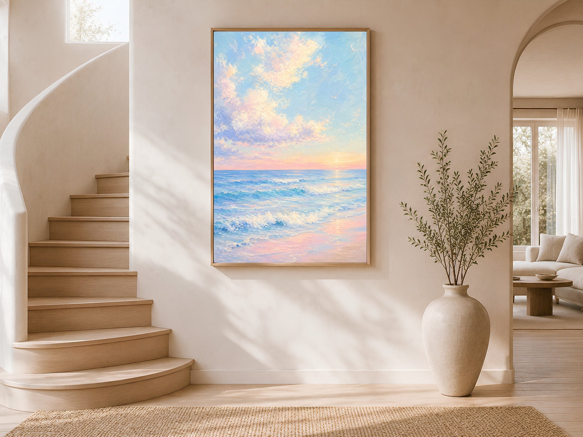 Framed impasto pastel ocean sunrise print on warm white wall in modern curved staircase entryway with tall ceramic vase
