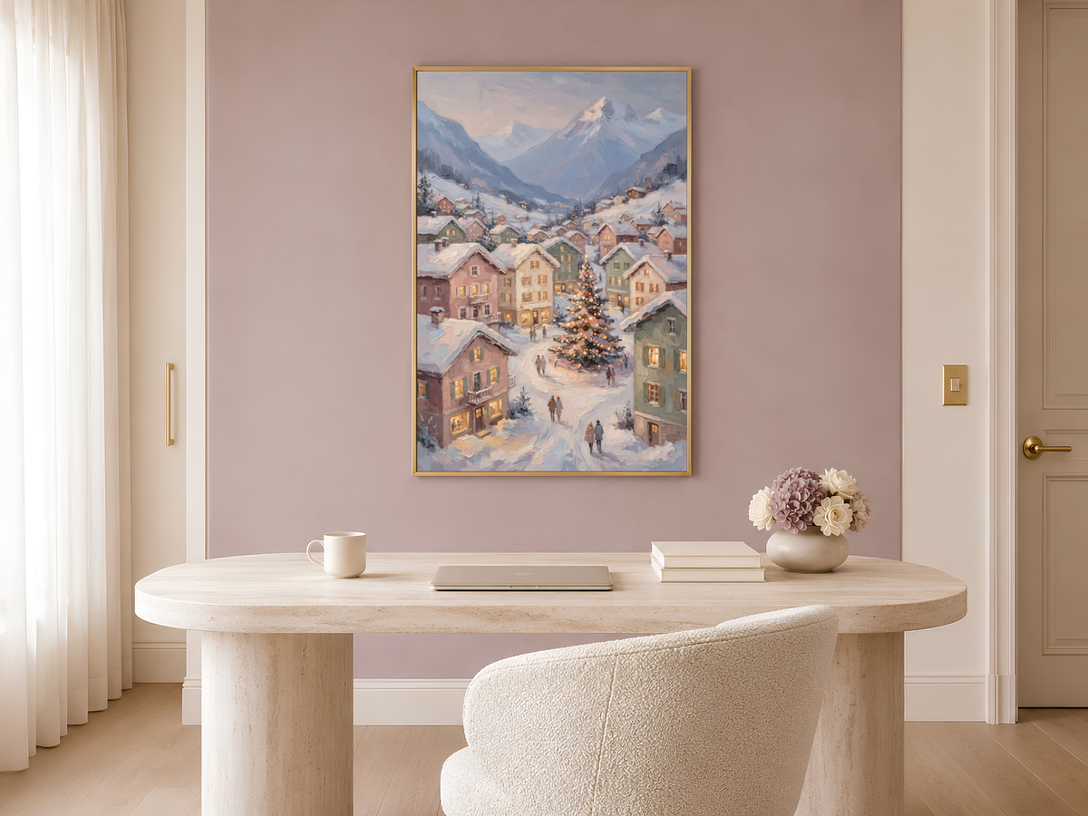 Alpine Christmas Village Wall Art, Snowy Mountain Town Print - Digital Download