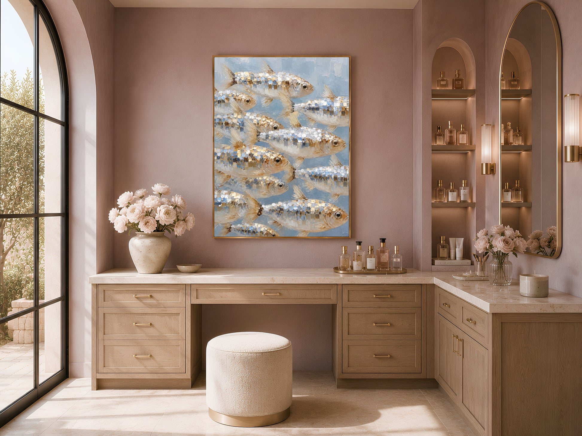 School of fish wall art framed above a marble bathroom counter, silver gold nautical painting for coastal bathroom decor