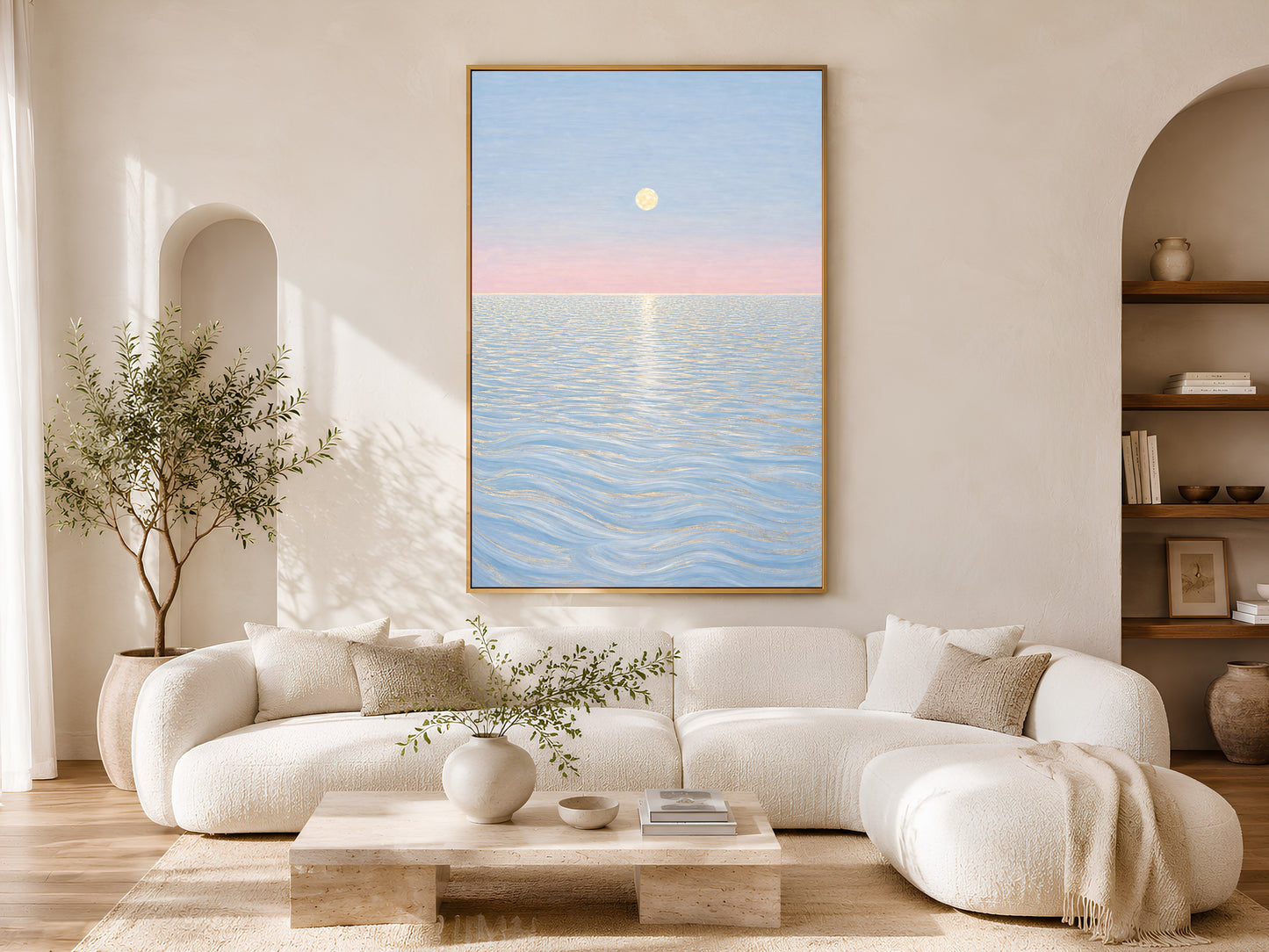 Pastel moon ocean wall art above white sofa in sunlit boho living room
