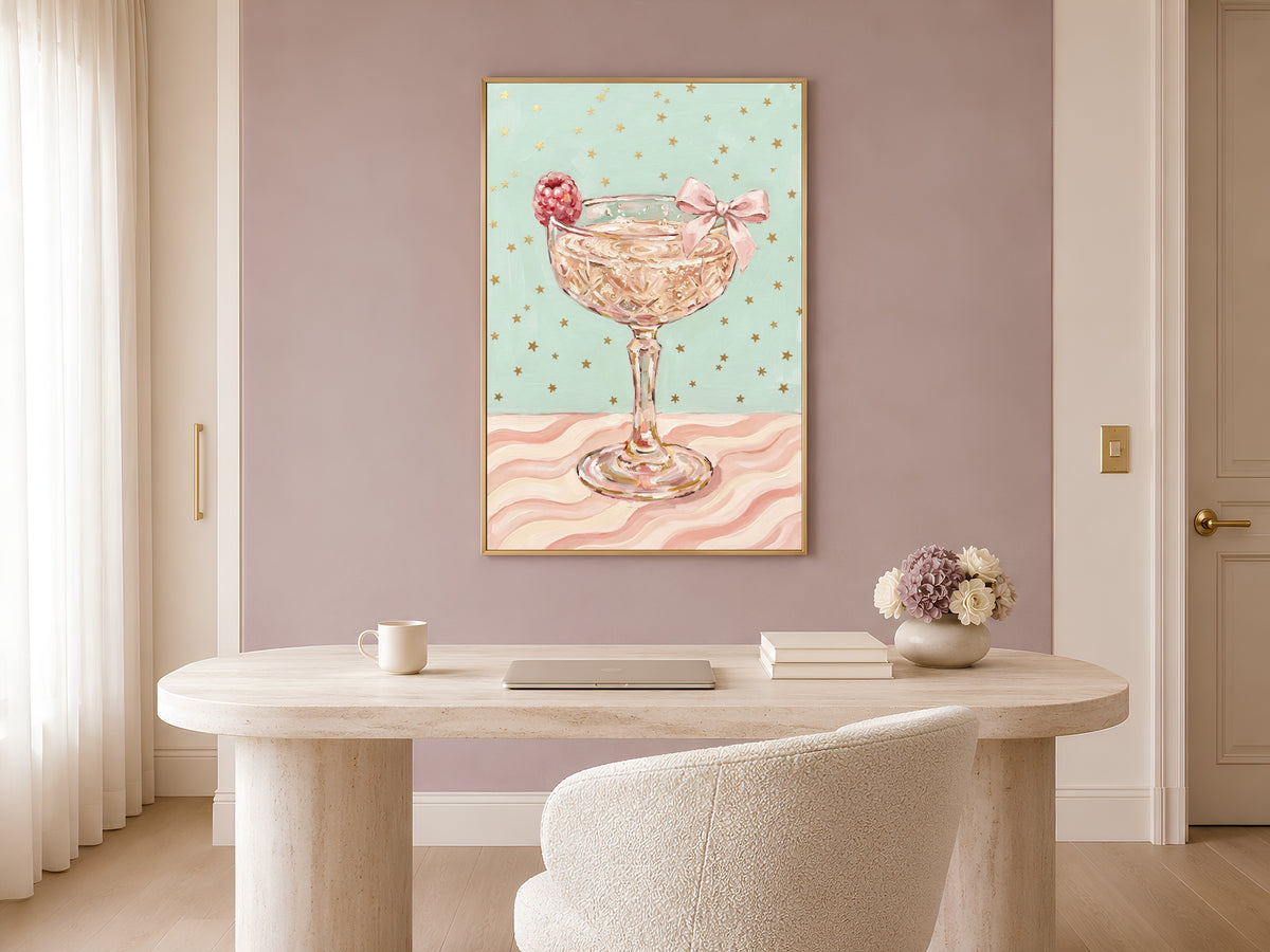 Champagne Coupe Wall Art, Pink Bow Coquette Oil Painting Print - Digital Download