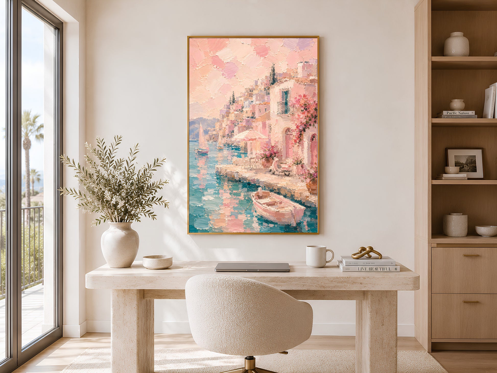Pink Italian coastal village wall art in gold frame displayed in a calm neutral home office with tall window and round desk