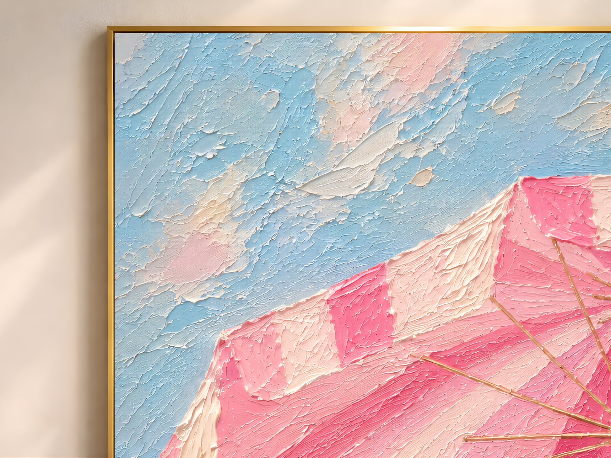 Close-up of pink striped beach umbrella impasto painting print showing thick palette knife texture in hot pink, candy pink, cream and sky blue
