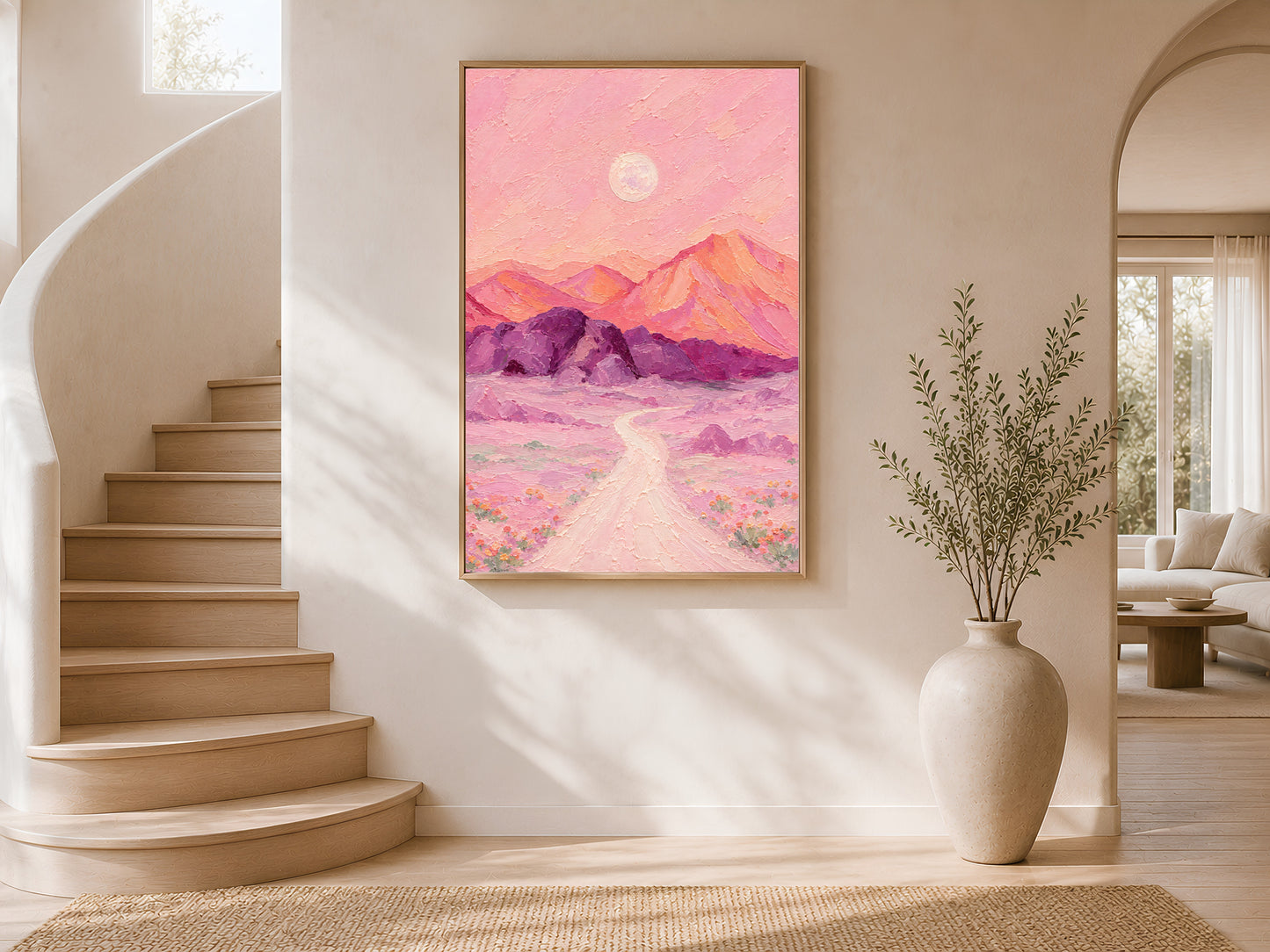 Pink desert moon wall art print framed and displayed on a curved staircase wall with natural light.
