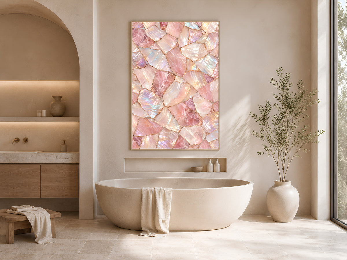 Rose Quartz Wall Art, Pink Mother of Pearl Print, Blush Crystal Mosaic, Glam Bedroom Decor, Feminine Iridescent Poster, Instant Download