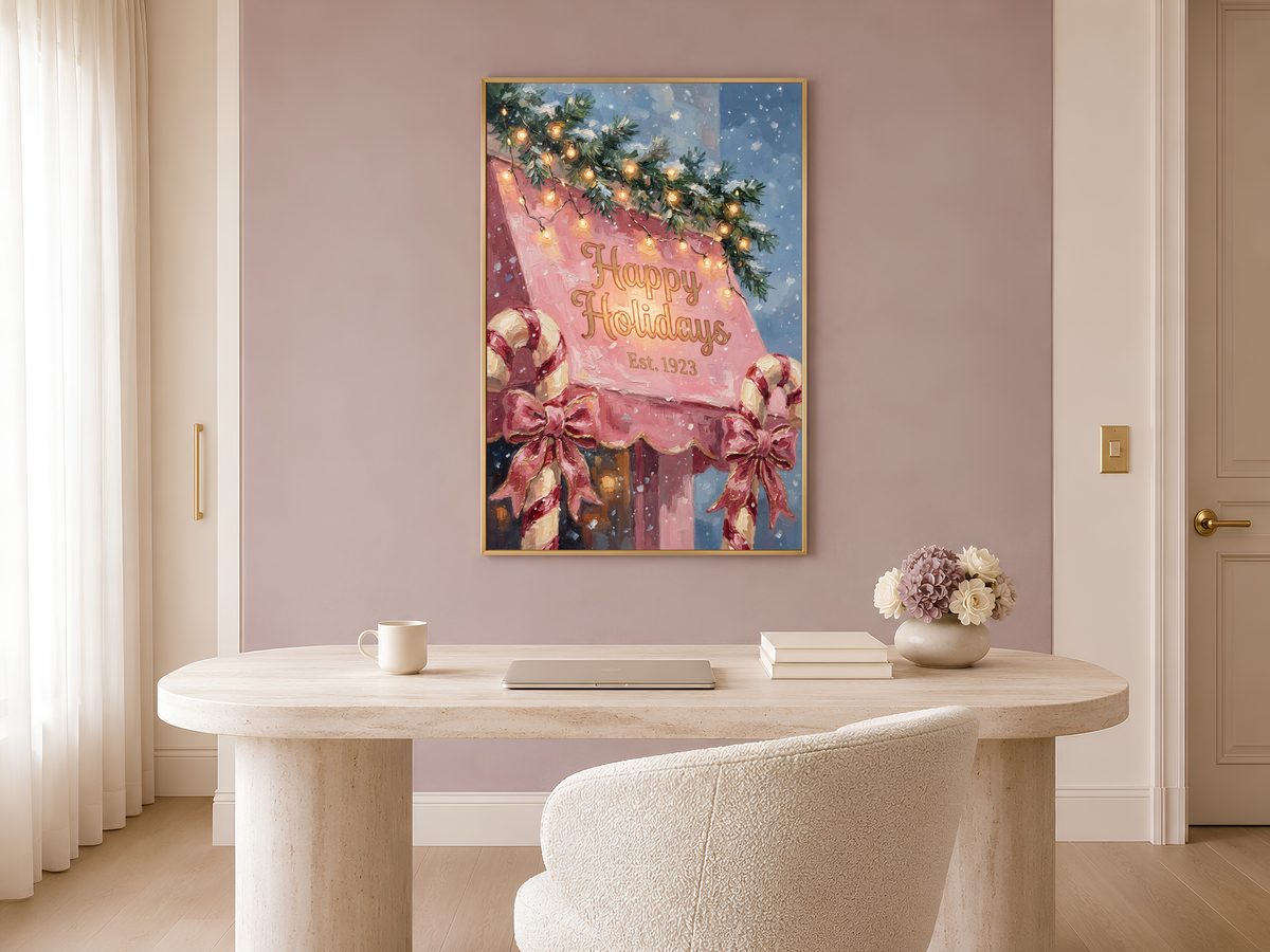 Pink Christmas Wall Art, Vintage Happy Holidays Sign Print - Digital Download