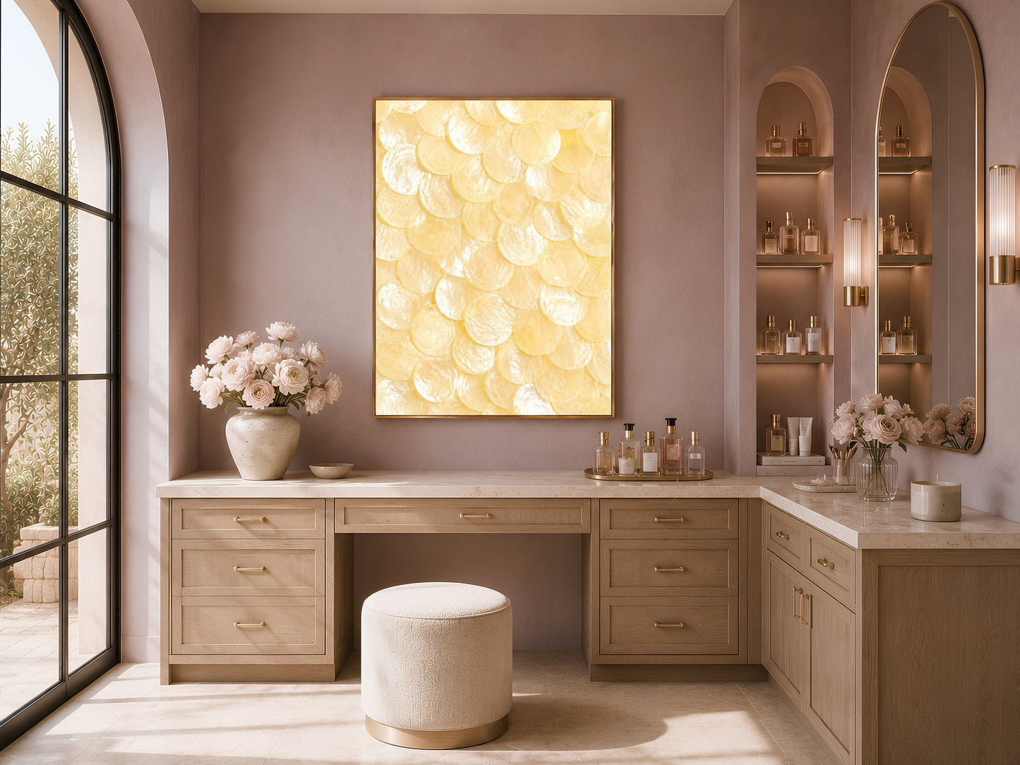 Capiz shell wall art in a gold frame above a vanity table with arched shelving and a cream stool in a warm neutral dressing nook

