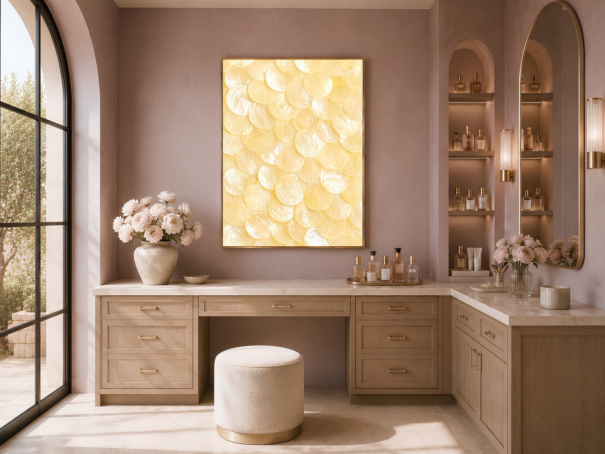Capiz shell wall art in a gold frame above a vanity table with arched shelving and a cream stool in a warm neutral dressing nook
