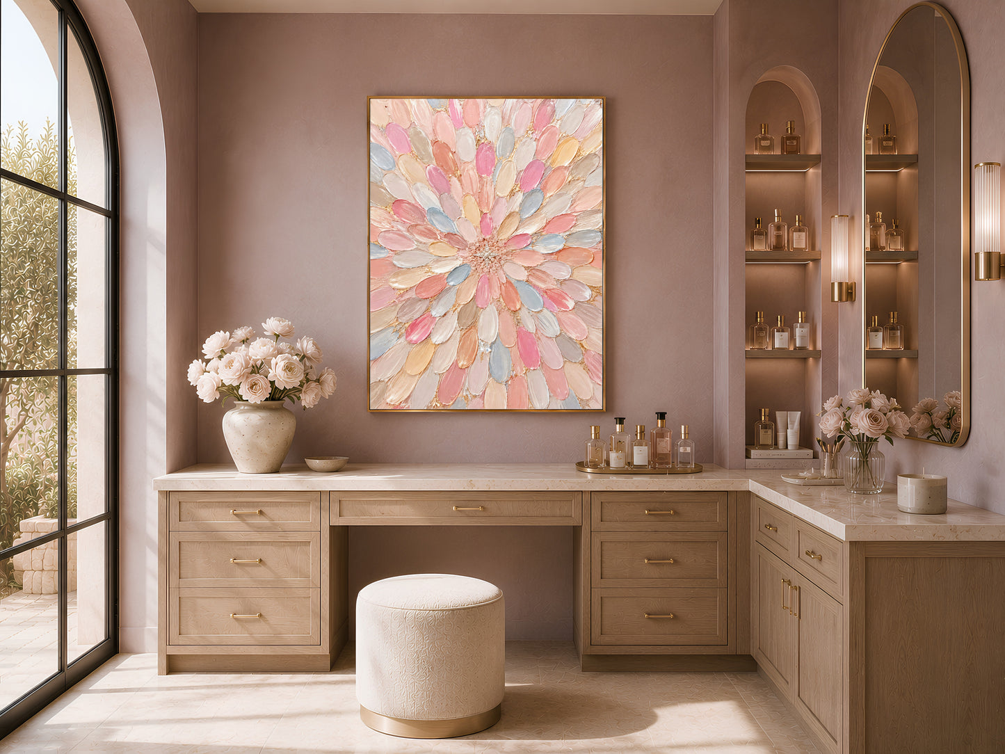 Pastel dahlia wall art above a wood vanity with a stool, styled in a warm neutral dressing room.