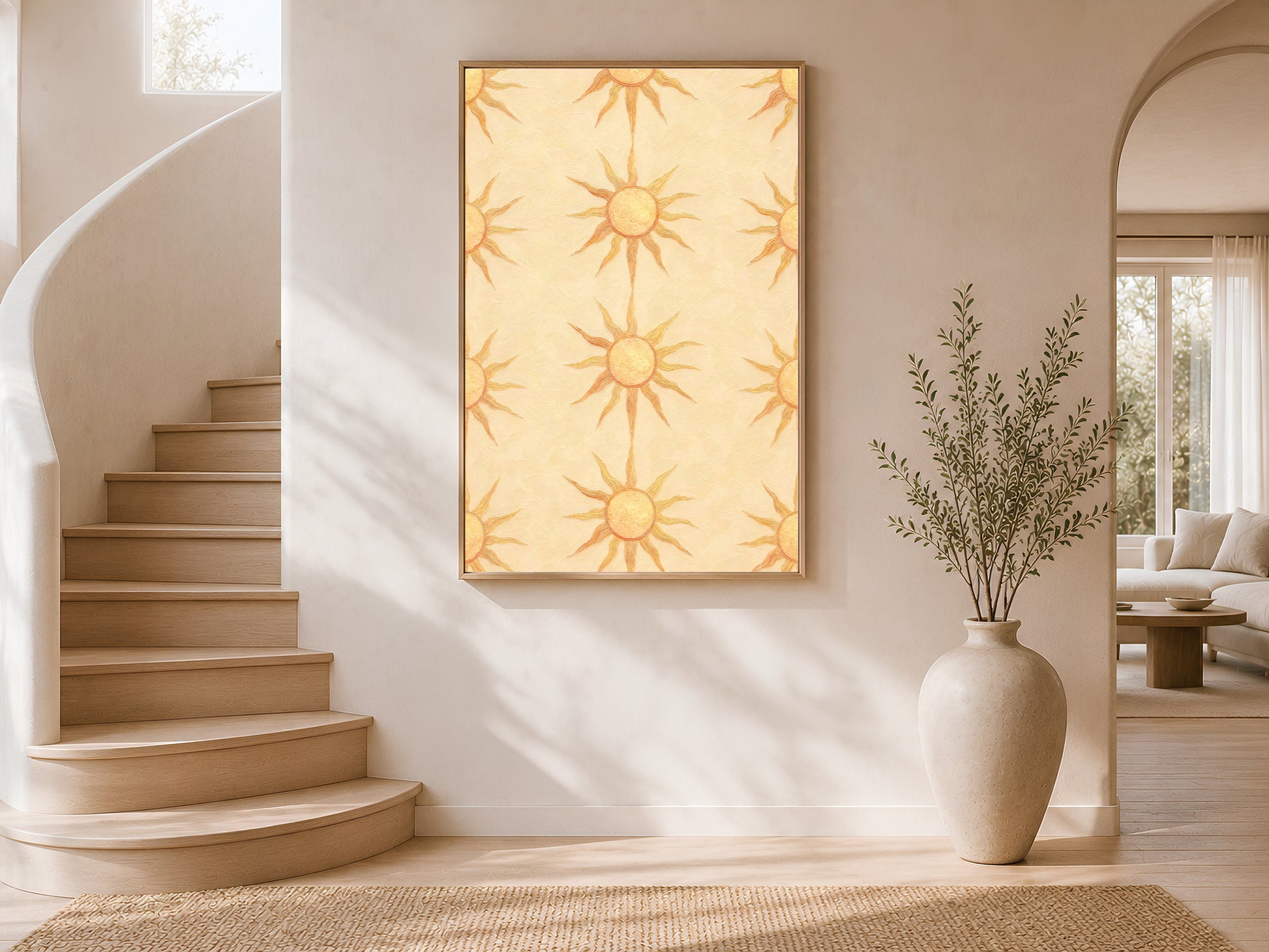 Boho sun wall art print framed on a curved staircase wall with arched doorway and a stoneware vase, butter yellow sunburst pattern.
