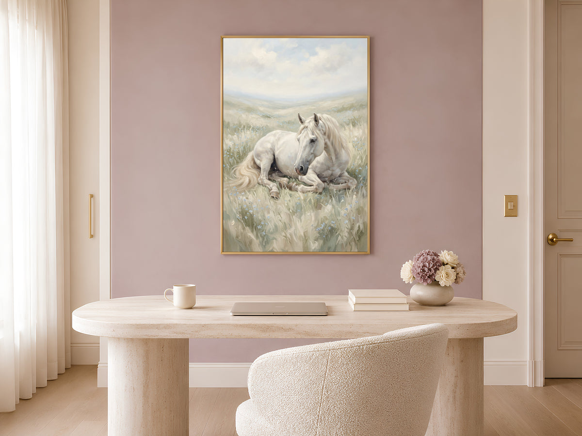 White Horse Wall Art, Wildflower Meadow Oil Painting Print - Digital Download