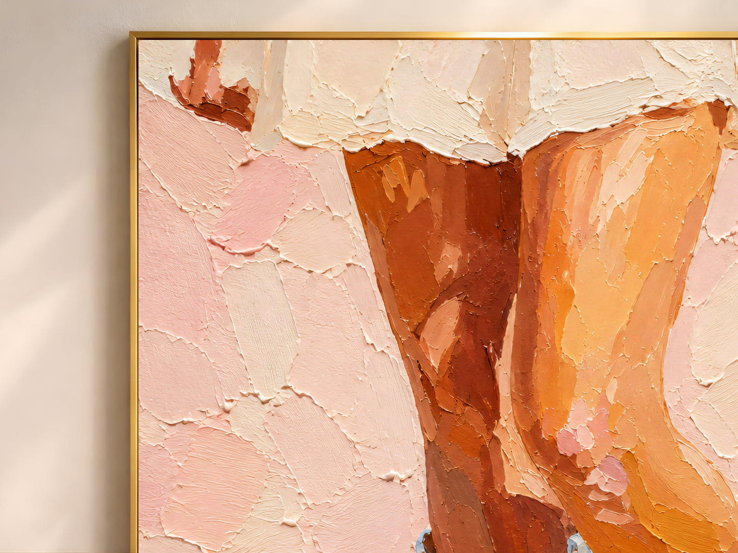 Close-up of impasto texture on cowgirl boots painting showing thick palette knife strokes in warm terracotta, peach, cream white, and sky blue boot collar detail
