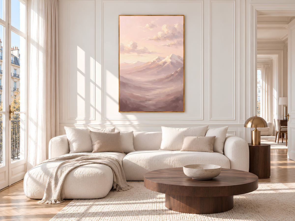 Blush Pink Mountain Painting Print, Pastel Landscape Art, Soft Mauve Wall Art, Printable Digital Download