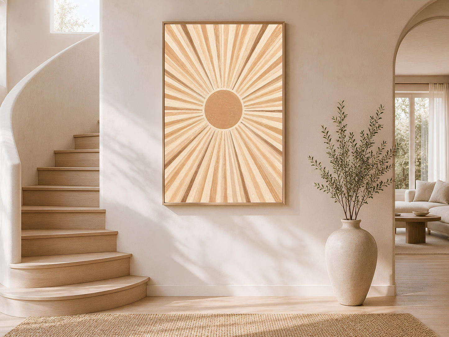 Framed impasto sunburst print on warm white wall in modern curved staircase entryway with tall ceramic vase

