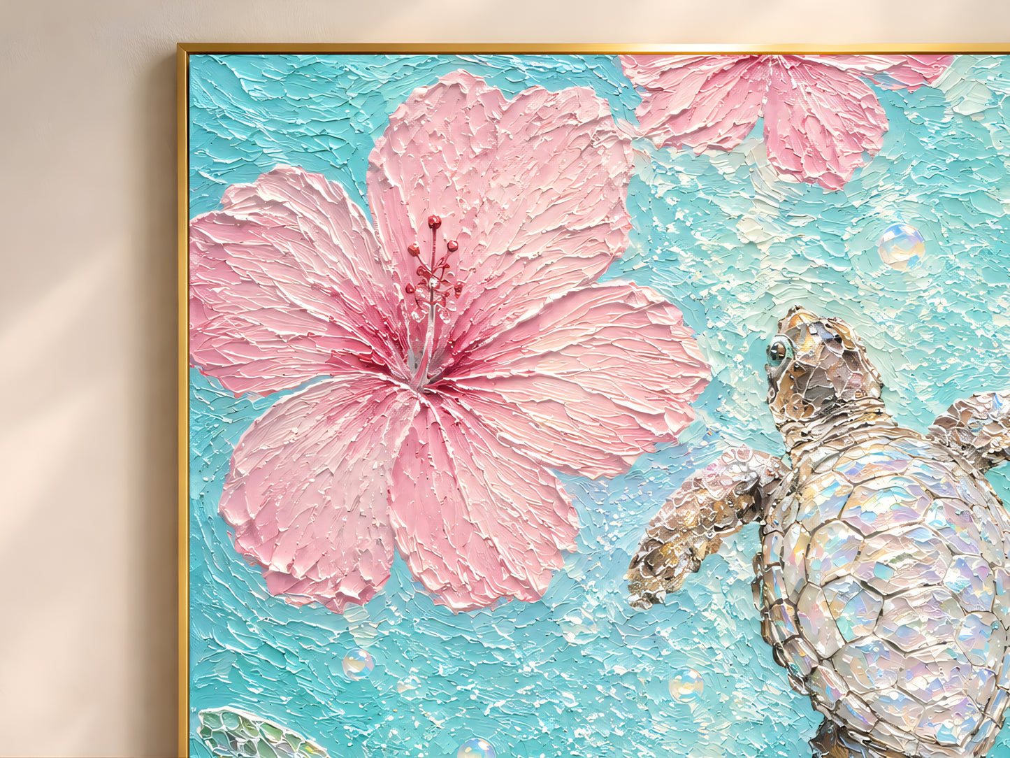 Close-up detail of impasto oil painting texture showing iridescent sea turtle shells, oversized pink hibiscus blooms, and floating bubbles in turquoise water
