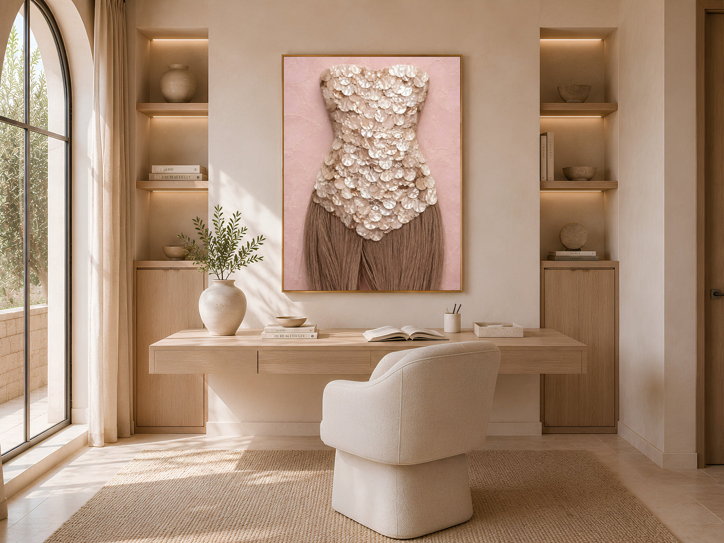 Mother of pearl wall art framed in gold, hung above a built-in desk nook in a sunlit reading corner.